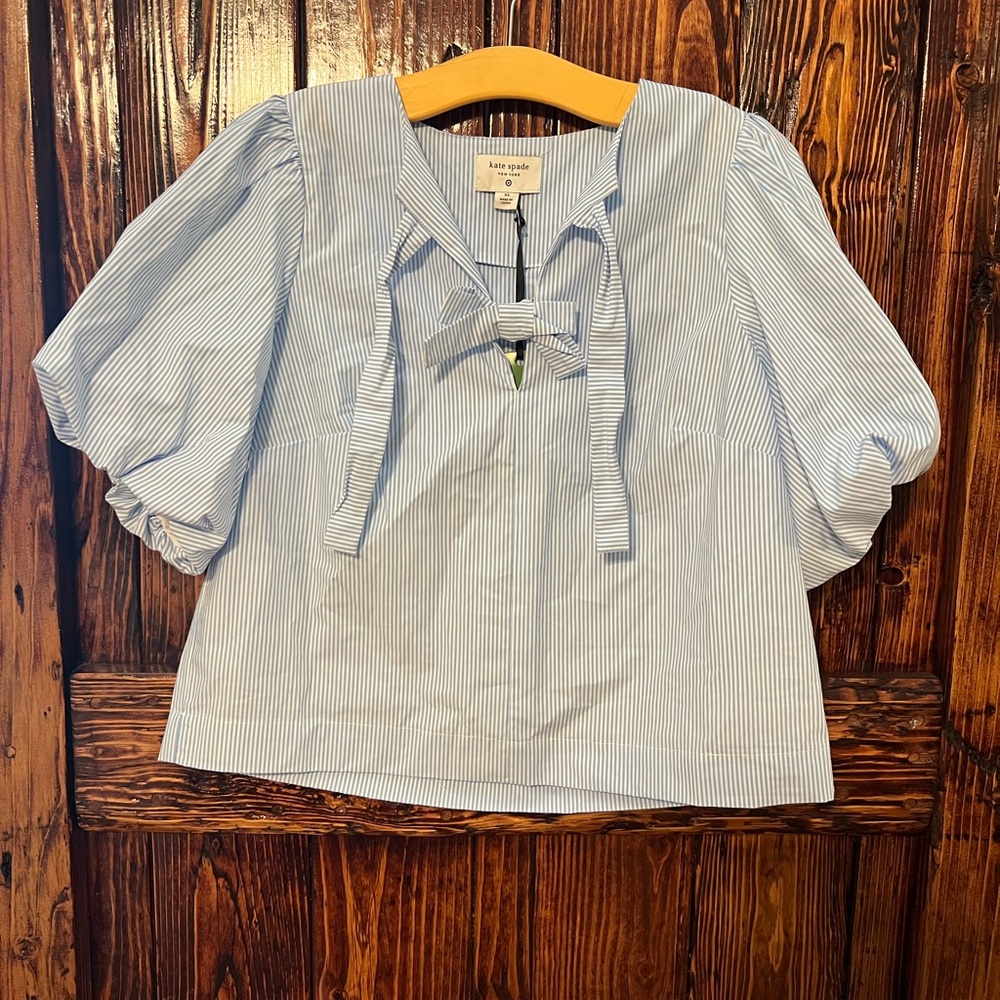 kate spade Light Blue and White Striped Puff Sleeve Blouse
